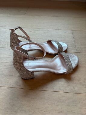 Crystal Embellished Rose Gold Block Heel Sandals with Ankle Strap